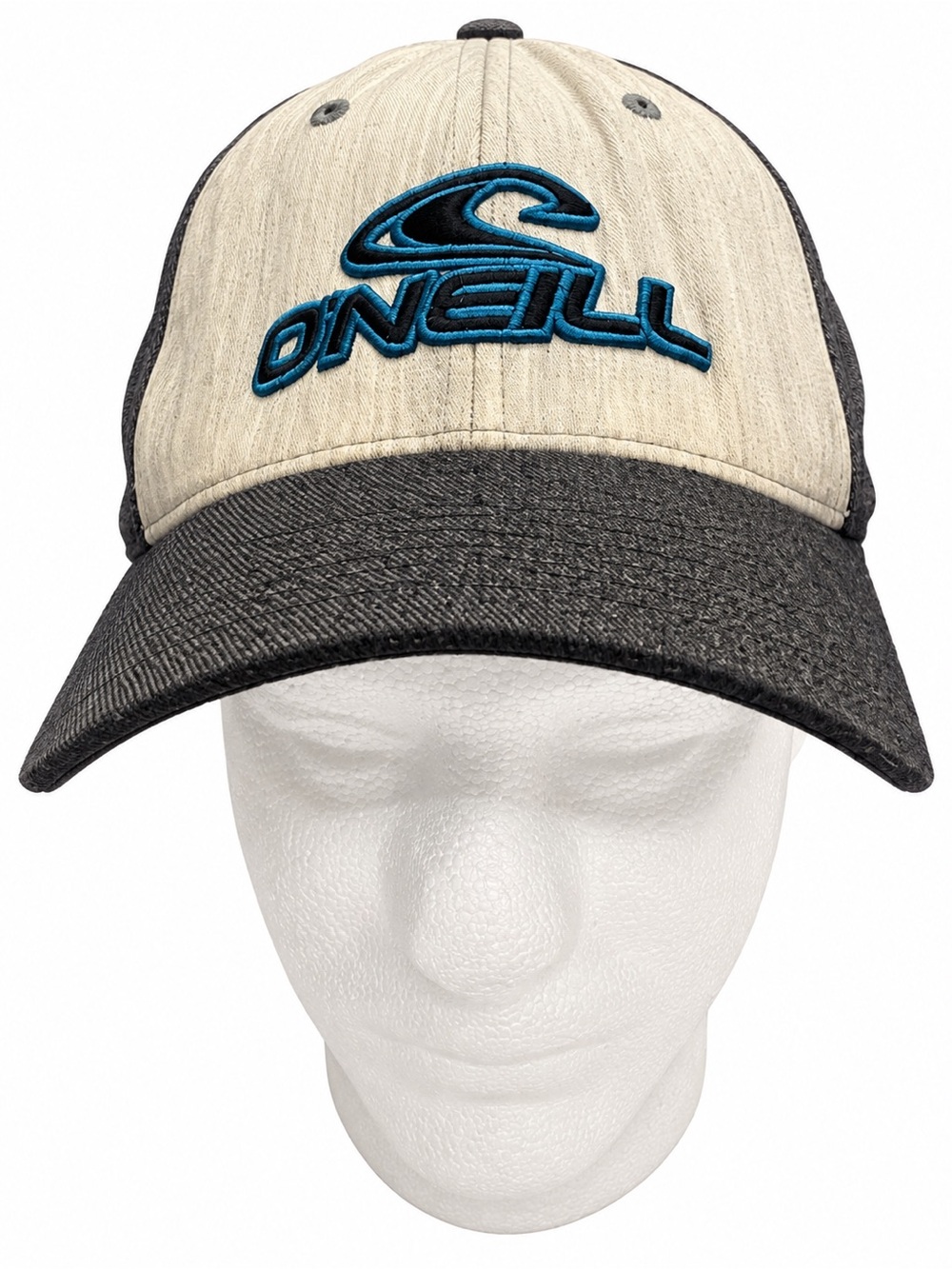 O’Neill Flexfit Hat Gray Cream Blue Embroidered Surf Skate Fitted Cap